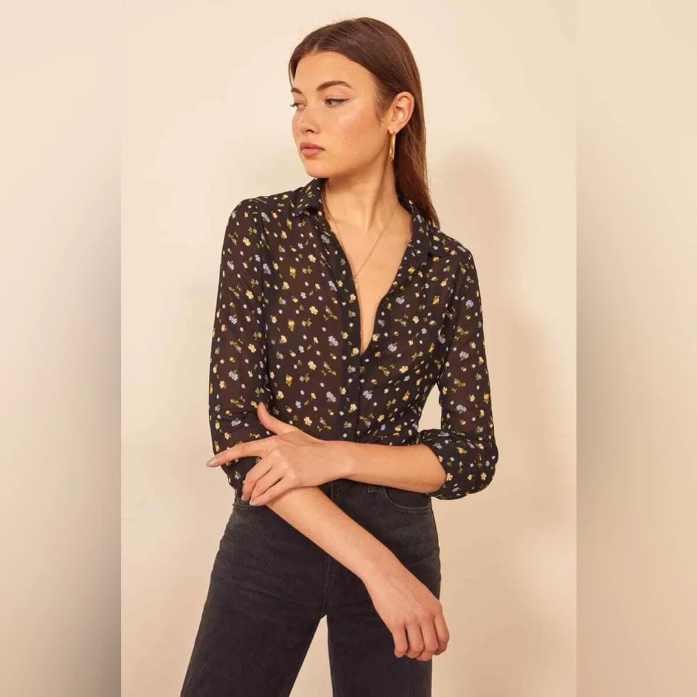 Reformation Blue Floral Print Button Down Long Sleeve Chiffon Shirt, Size XS - Picture 2 of 13